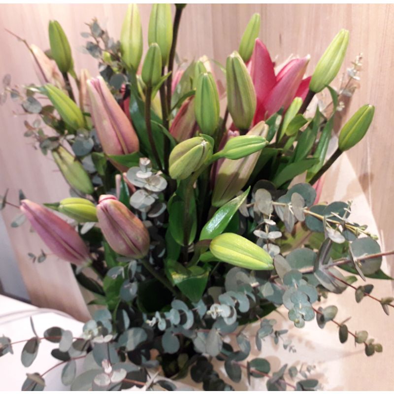 LILIUM ROSADOS CON EUCALITHUS