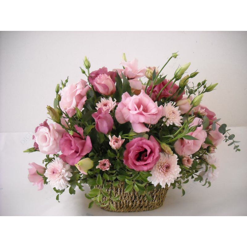 LISIANTHUS ROSADO Y MABLE EN BASE DE RATAN