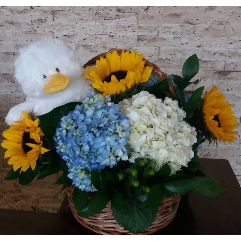 HORTENCIAS  GIRASOLES Y PATO PELUCHE