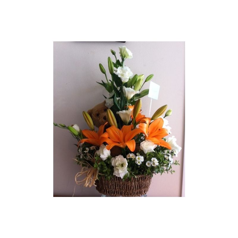 LILIUM NARANJOS CON LISIANTHUS Y OSO DE PELUCHE