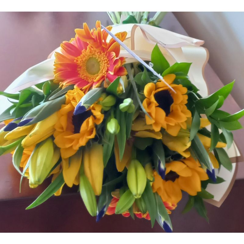 GIRASOLES LILIUM GERBERAS IRIS AZUL RUSCUS